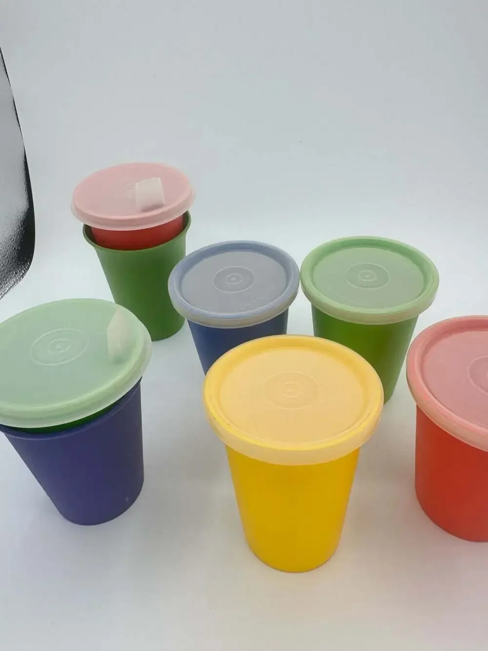 Vintage Tupperware Tumblers with Lids, Set of 6 Multi-Colored Sipper Cups